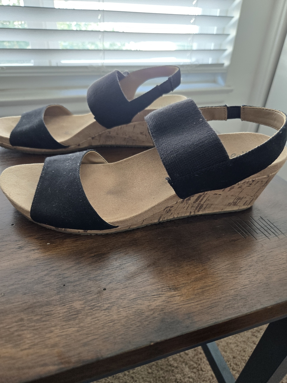 Life Stride Black Elastic Strap Wedge Sandals with Cork-Effect Heel. Size 9 1/2